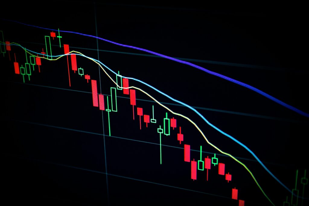 Candlestick stock market chart showing price movement and moving average lines on a dark scree
